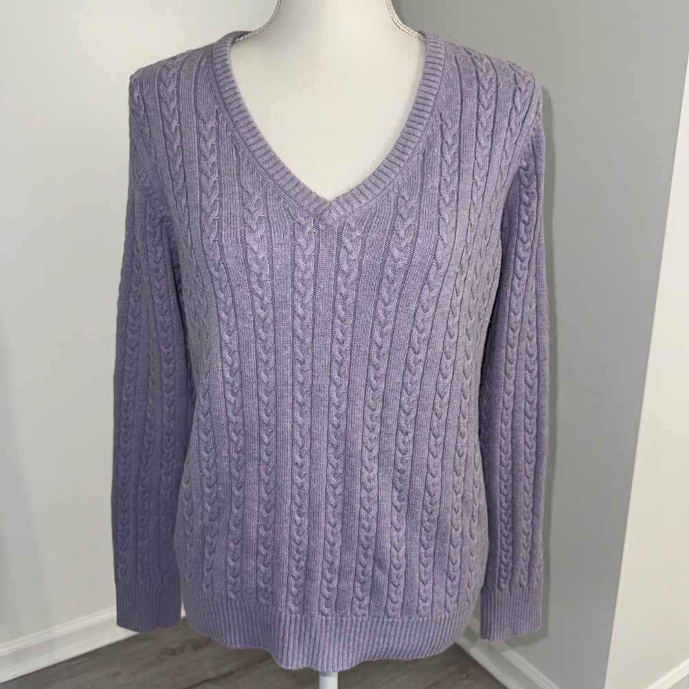 Eddie Bauer Womens M Lavender Cable Knit V Neck Cotton Angora Blend Sweater‎
